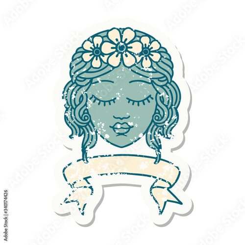 grunge sticker with banner of female face with eyes closed