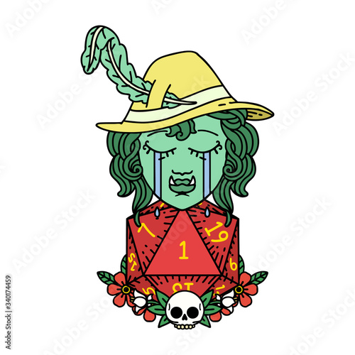 crying bard orc bard character with natural one D20 roll illustration