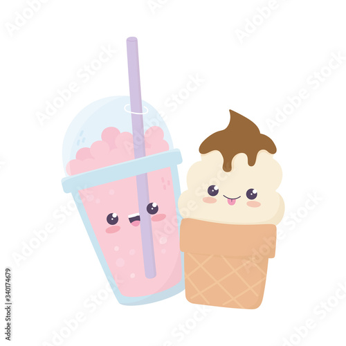 cute ice cream and milkshake kawaii cartoon character