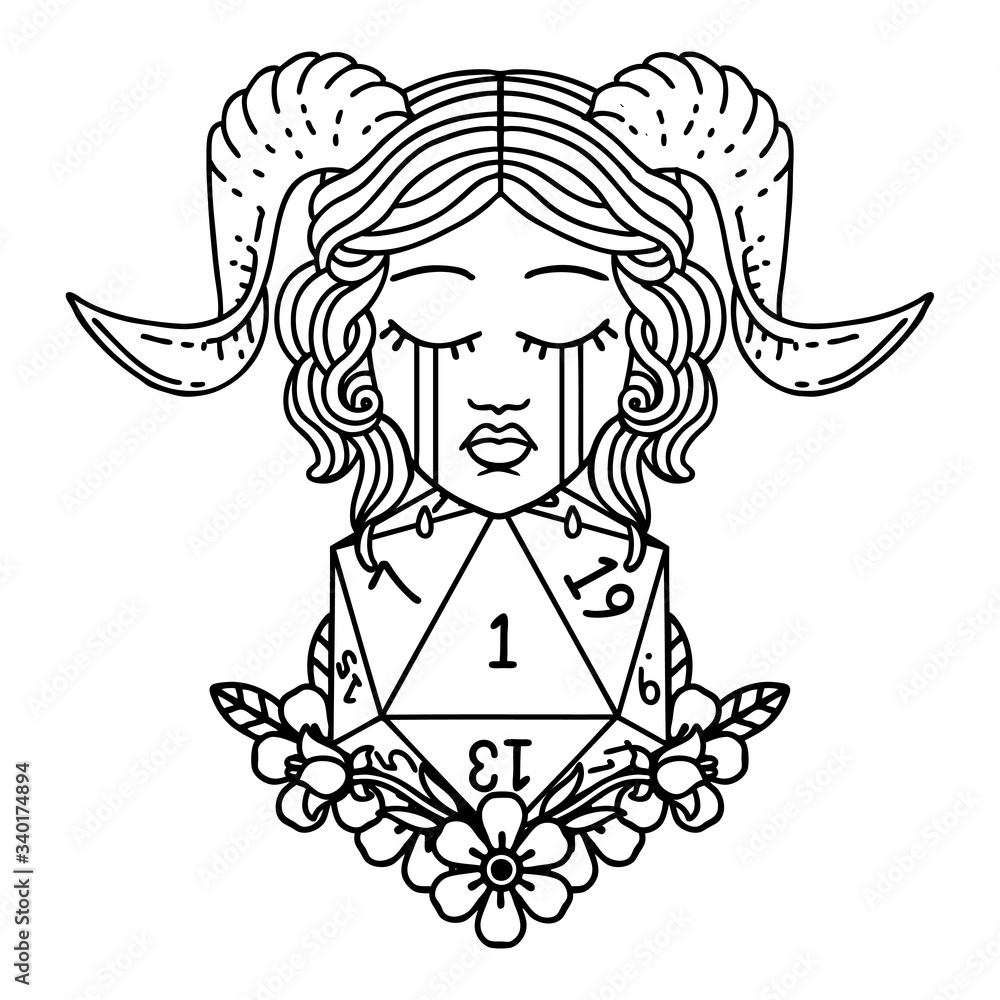 crying tiefling with natural one D20 dice roll illustration crying tiefling with natural one D20 dice roll illustration