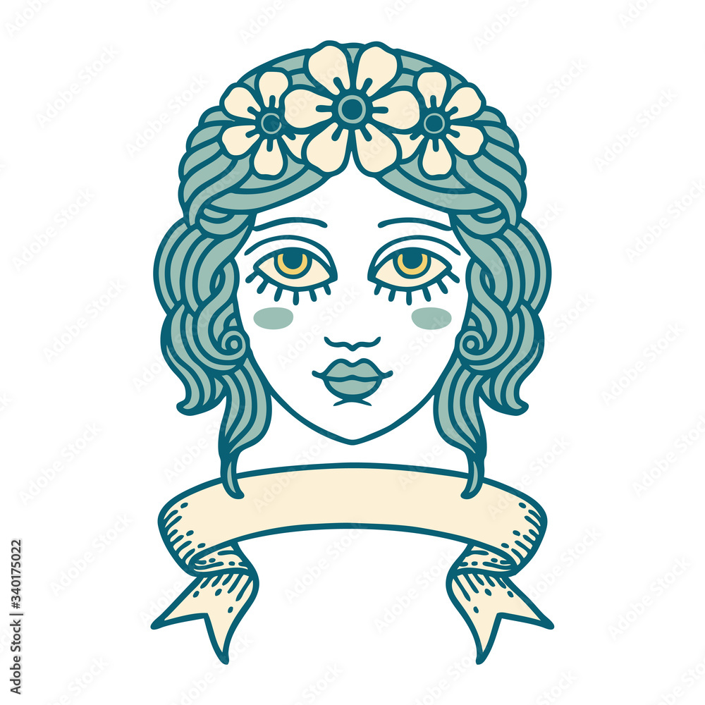 tattoo with banner of female face with crown of flowers