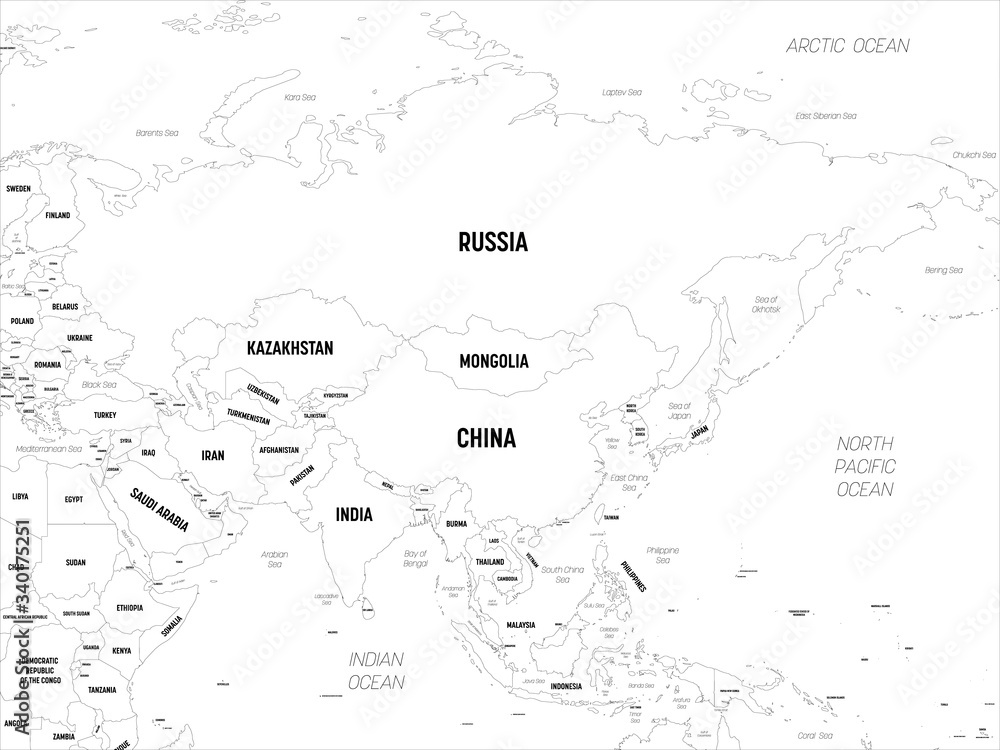 Asia. High detailed political map of asian continent with country, capital, ocean and sea names