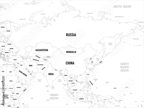 Asia. High detailed political map of asian continent with country, capital, ocean and sea names labeling