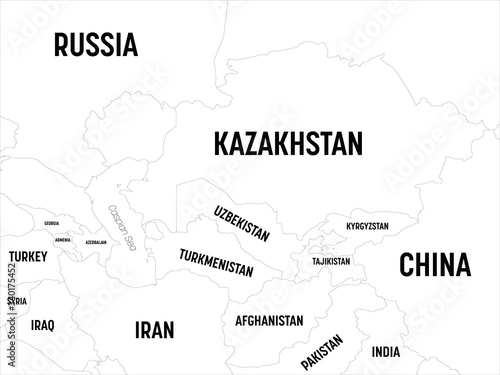 Central Asia map. High detailed political map of central asian region with country, capital, ocean and sea names labeling
