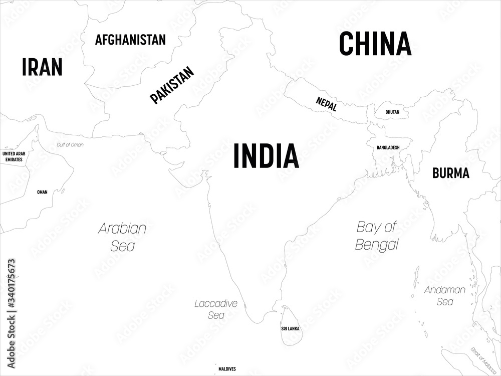 South Asia map. High detailed political map of southern asian region and Indian subcontinent with country, capital, ocean and sea names labeling South Asia map. High detailed political map of southern asian region and Indian subcontinent with country, capital, ocean and sea names labeling