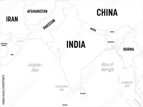 South Asia map. High detailed political map of southern asian region and Indian subcontinent with country  capital  ocean and sea names labeling