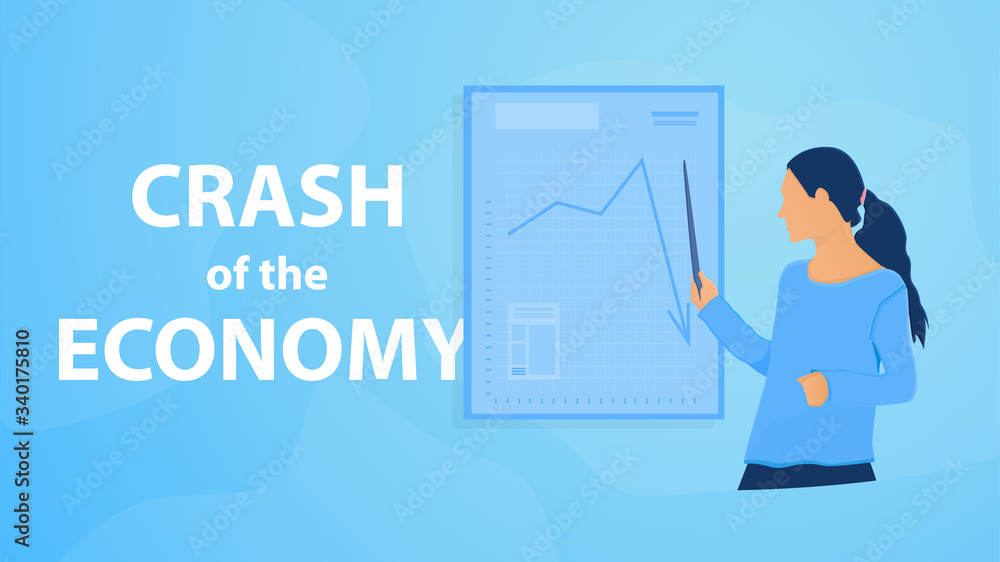 Modern vector illustration of world financial crisis. The collapse of the economy. Bankruptcy. Down arrow stock chart. Stock market crash. The manager shows a graph Modern vector illustration of world financial crisis. The collapse of the economy. Bankruptcy. Down arrow stock chart. Stock market crash. The manager shows a graph