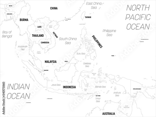 Southeast Asia map. High detailed political map of southeastern region with country, capital, ocean and sea names labeling