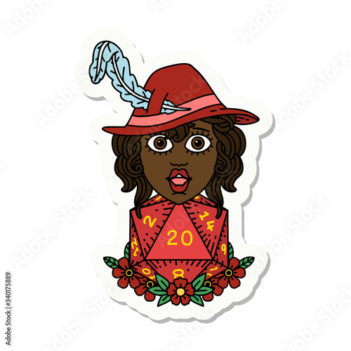 human bard with natural 20 dice roll sticker