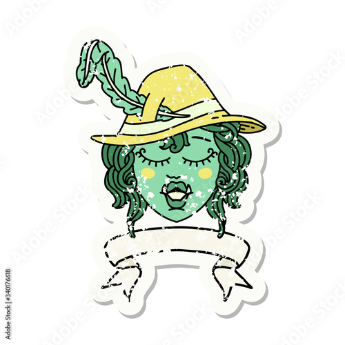 singing half orc bard character with banner illustration