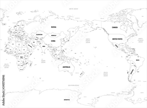 World map - Asia, Australia and Pacific Ocean centered. High detailed political map of World with country, capital, ocean and sea names labeling