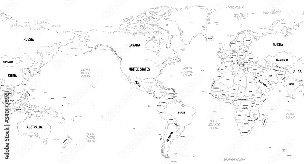 World map - America centered. High detailed political map of World with country, capital, ocean and sea names labeling World map - America centered. High detailed political map of World with country, capital, ocean and sea names labeling
