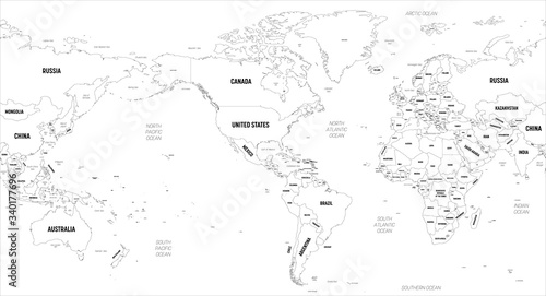 World map - America centered. High detailed political map of World with country, capital, ocean and sea names labeling