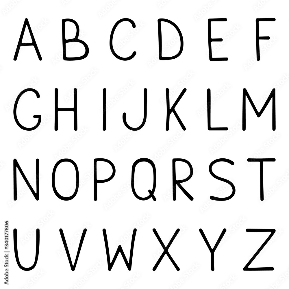 Vector elementary unique hand-drawn lettering font. Black letters on white background. ABC, english doodle alphabet.