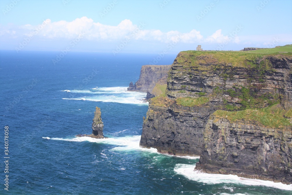 beautiful coast with blue sky and clouds in ireland at cliffs of moher in ireland