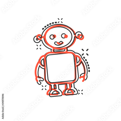 Cute robot chatbot icon in comic style. Bot operator cartoon vector illustration on white isolated background. Smart chatbot character splash effect business concept.