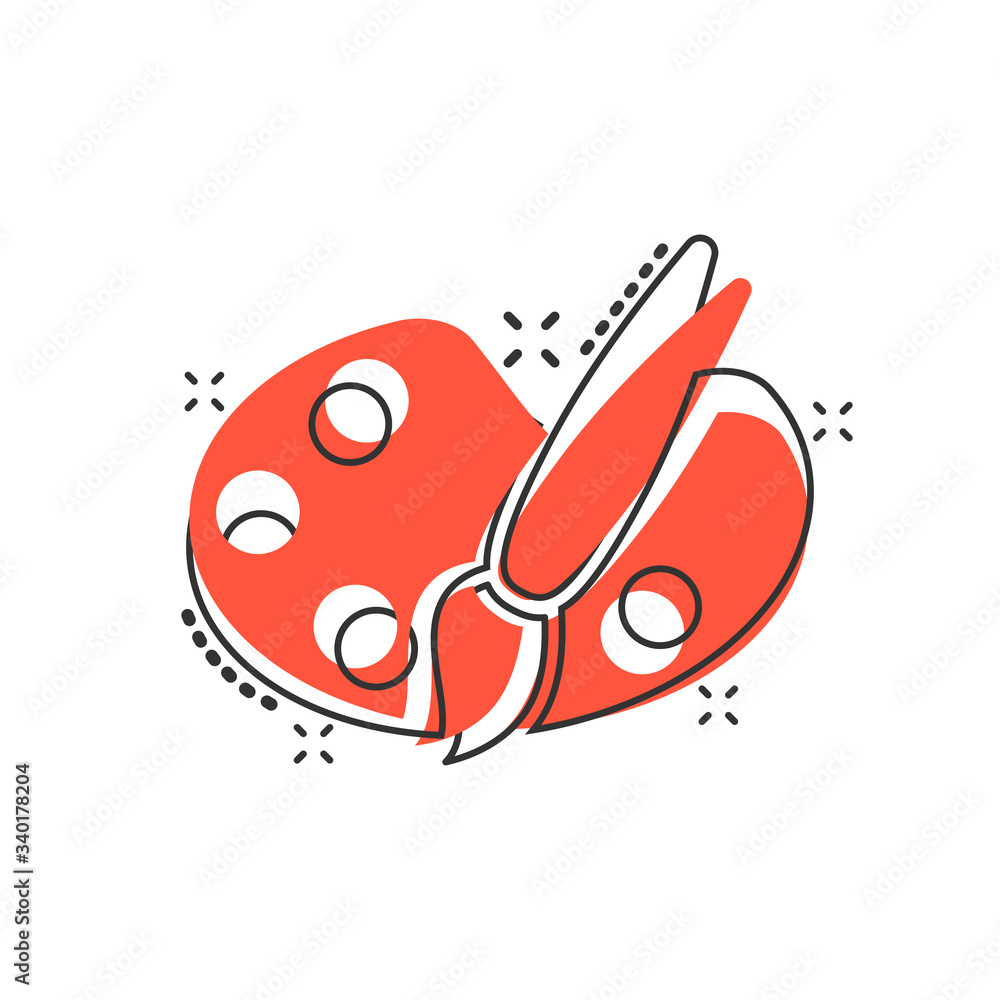 Paint brush icon in comic style. Palette cartoon vector illustration on white isolated background. Painter instrument splash effect business concept. Paint brush icon in comic style. Palette cartoon vector illustration on white isolated background. Painter instrument splash effect business concept.