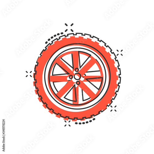 Car wheel icon in comic style. Vehicle part cartoon vector illustration on white isolated background. Tyre splash effect business concept.