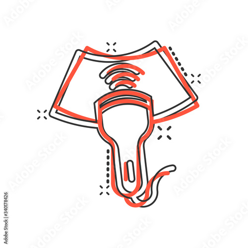 Ultrasound icon in comic style. Scanner equipment cartoon vector illustration on white isolated background. Ultrasonic splash effect business concept.