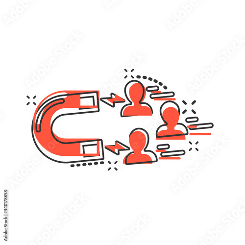 Lead conversion icon in comic style. Attract cartoon vector illustration on white isolated background. Magnet splash effect business concept. © Lysenko.A