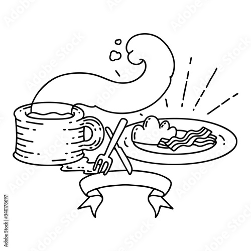 banner with black line work tattoo style breakfast and coffee