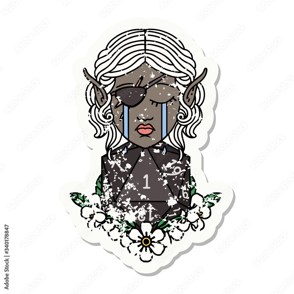 crying elf rogue character face with natural one D20 roll illustration crying elf rogue character face with natural one D20 roll illustration