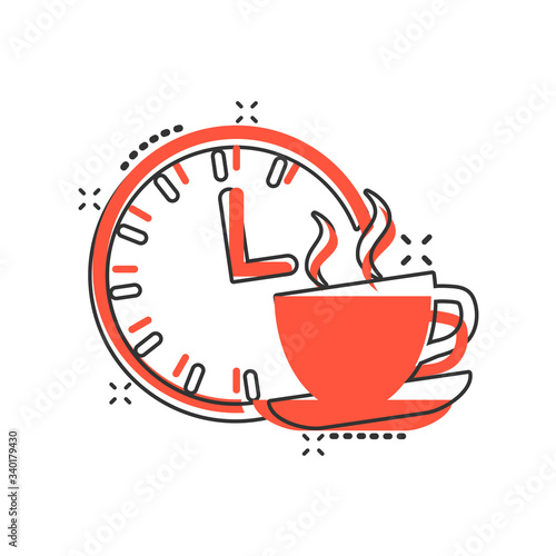 Coffee break icon in comic style. Clock with tea cup cartoon vector illustration on white isolated background. Breakfast time splash effect business concept.
