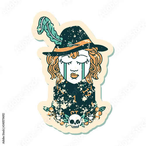 crying human bard with natural one D20 dice roll grunge sticker