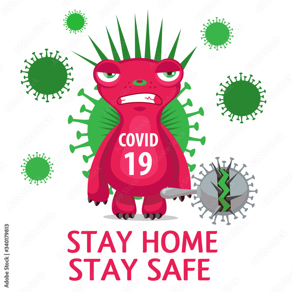 Coronavirus Character With Text Stay Home vector illustration. Covid 19  cartoon monster virus. Stay home stay safe Vector Warning banner. Stock  Vector | Adobe Stock