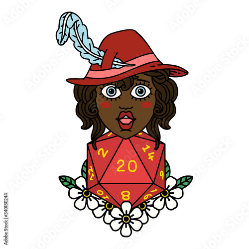 human bard with natural 20 dice roll illustration