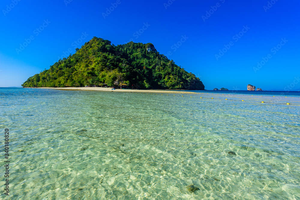 View to Chicken island. Paradise beach at island Koh Kai, Koh Tup & Koh Mor. Andaman sea, Krabi province, Thailand.