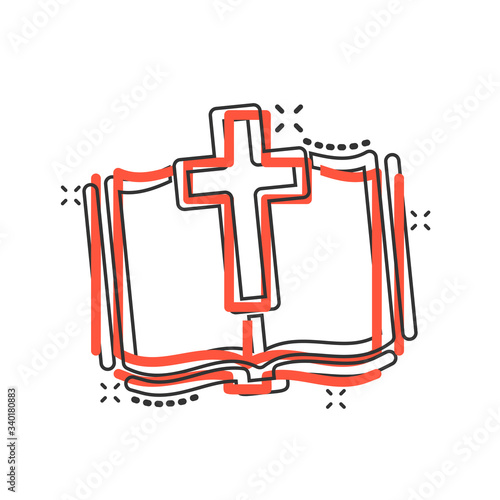 Bible book icon in comic style. Church faith cartoon vector illustration on white isolated background. Spirituality splash effect business concept.