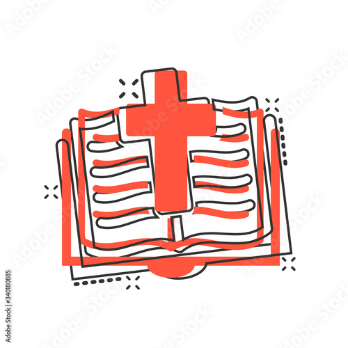 Bible book icon in comic style. Church faith cartoon vector illustration on white isolated background. Spirituality splash effect business concept.
