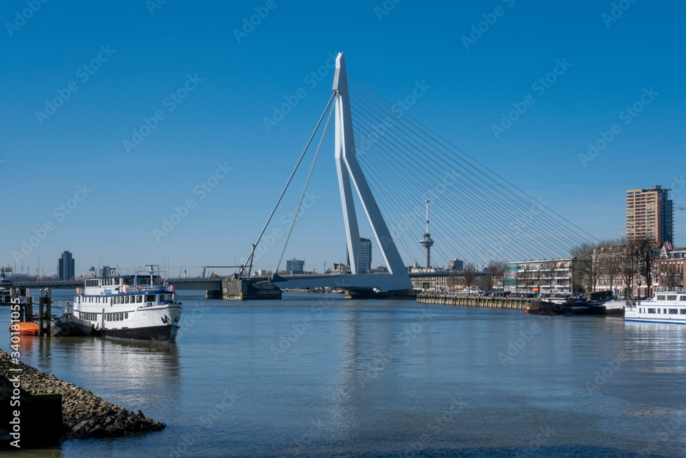Rotterdam Skyline with Erasmusbrug bridge at sunset in morning in Rotterdam, Netherlands Rotterdam Skyline with Erasmusbrug bridge at sunset in morning in Rotterdam, Netherlands