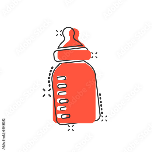 Baby bottle icon in comic style. Milk container cartoon vector illustration on white isolated background. Drink glass splash effect business concept.