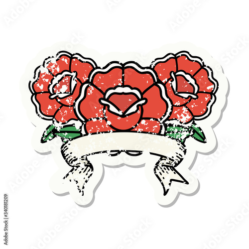 grunge sticker with banner of a bouquet of flowers