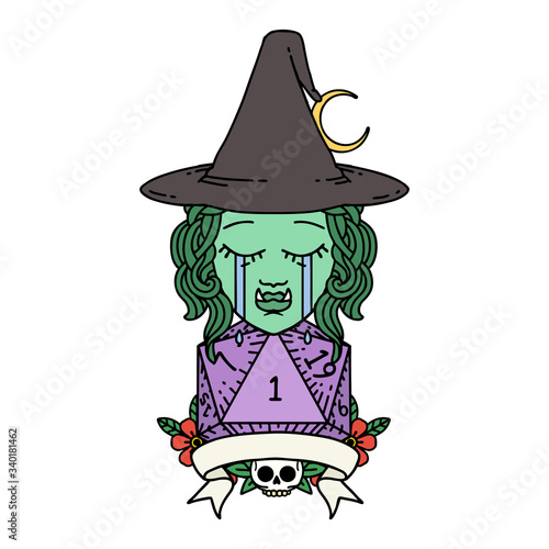 crying half orc witch character with natural one roll illustration