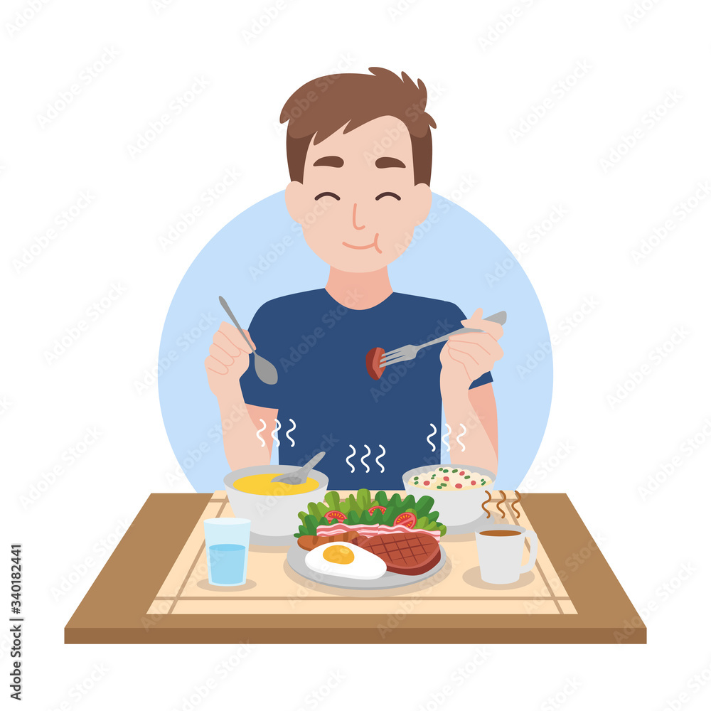 Man enjoy eating clean hot food, sausage, fried egg, soup and salad. Healthcare concept cartoon Man enjoy eating clean hot food, sausage, fried egg, soup and salad. Healthcare concept cartoon