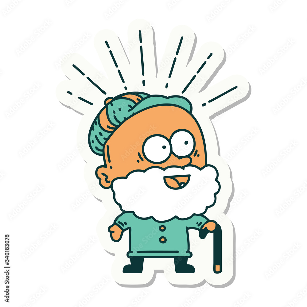 sticker of tattoo style happy old man with walking stick sticker of tattoo style happy old man with walking stick