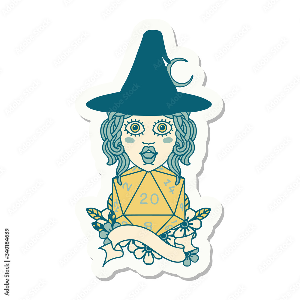 human mage with natural twenty dice roll sticker