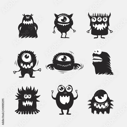 Collection of cartoon funny Halloween monsters silhouettes