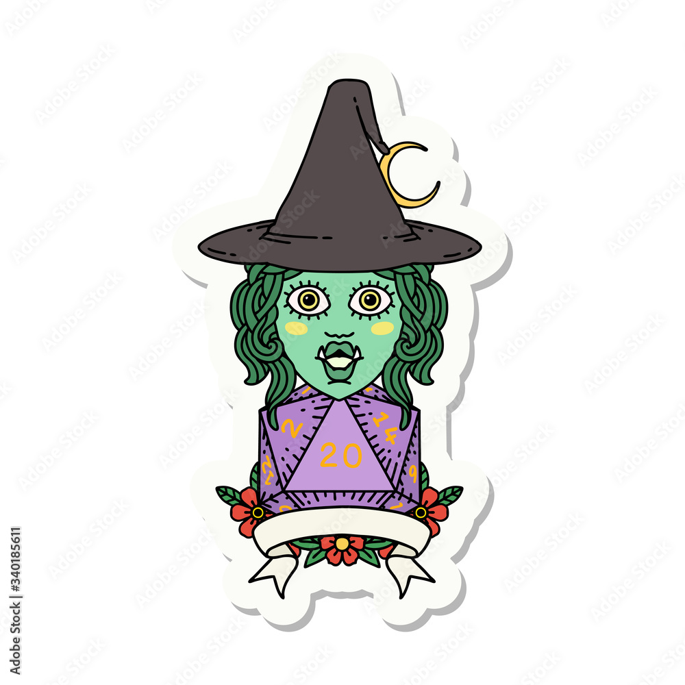 half orc witch character with natural 20 dice roll sticker half orc witch character with natural 20 dice roll sticker