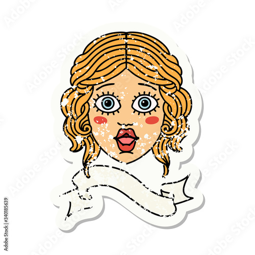 grunge sticker with banner of female face