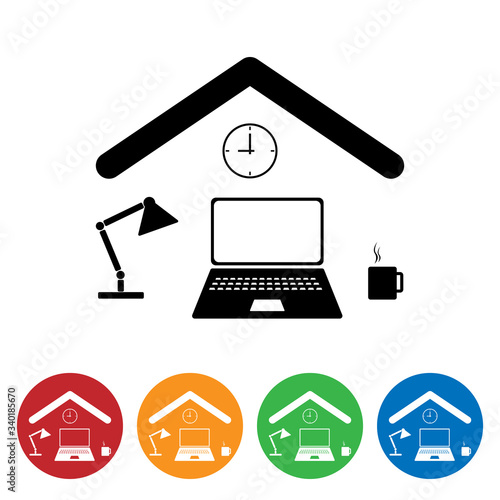 Work from home icon vector. Working on laptop at home with hot coffee.