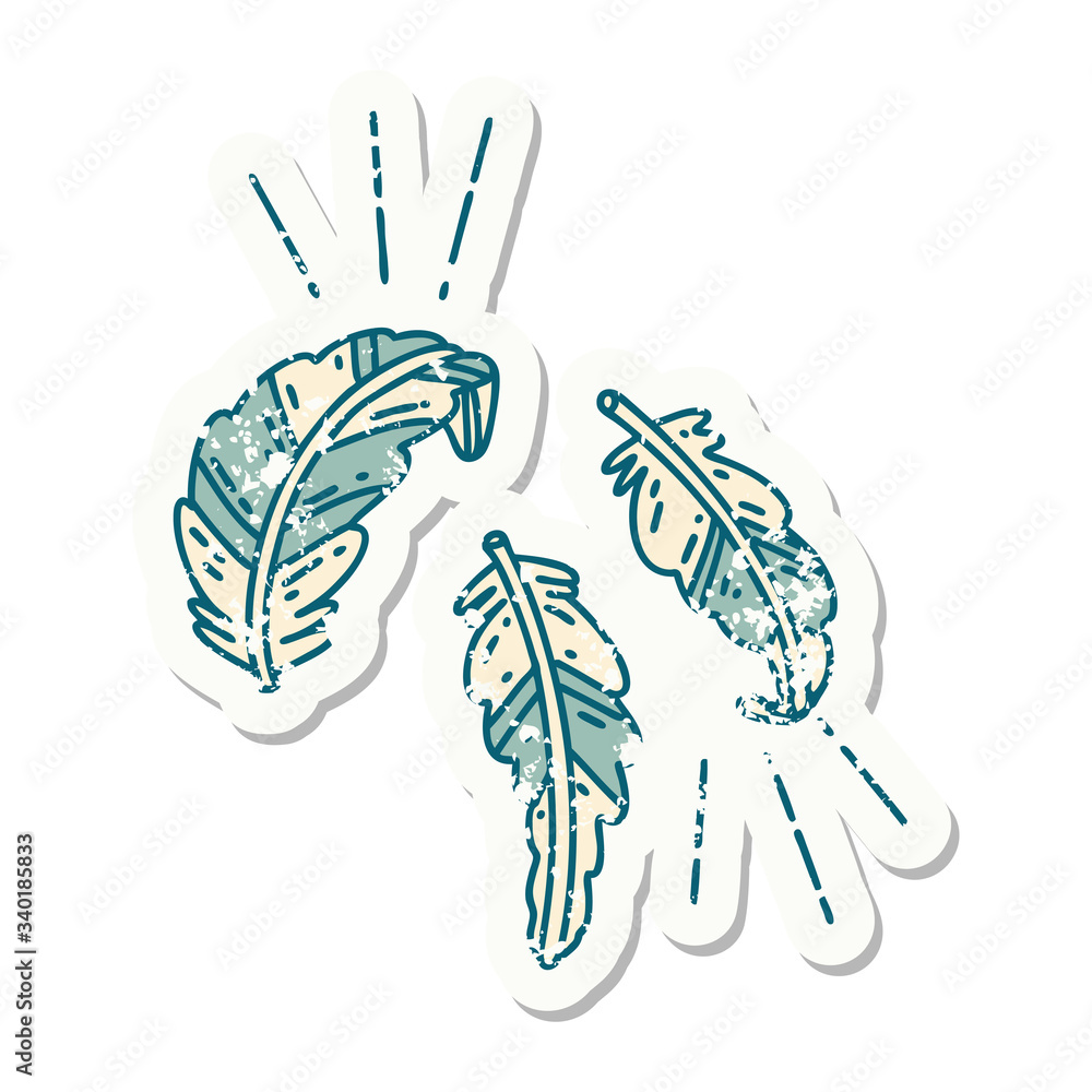 Naklejka premium grunge sticker of tattoo style feathers floating