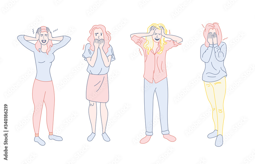 Set of emotions of vector illustration. Woman is experiencing fear, horror, depression, sadness, stress.Line style Set of emotions of vector illustration. Woman is experiencing fear, horror, depression, sadness, stress.Line style