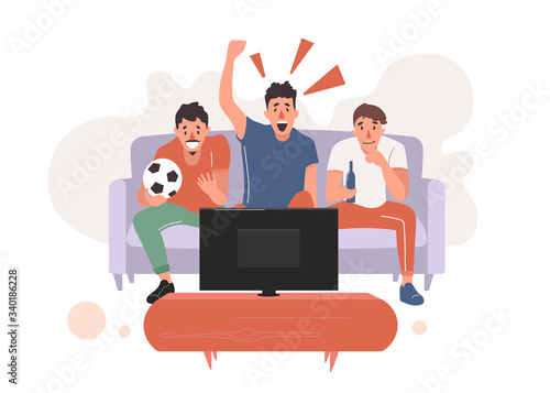 Fans watching the live broadcast of the match on TV and cheer for their team.Vector illustration in flat style