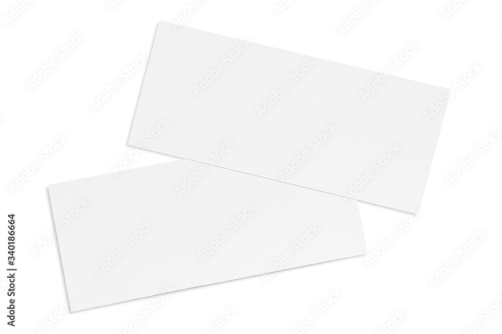 Two paper or plastic pieces (cards, tickets, flyers, invitations, coupons, banknotes, etc.), isolated on white background Two paper or plastic pieces (cards, tickets, flyers, invitations, coupons, banknotes, etc.), isolated on white background