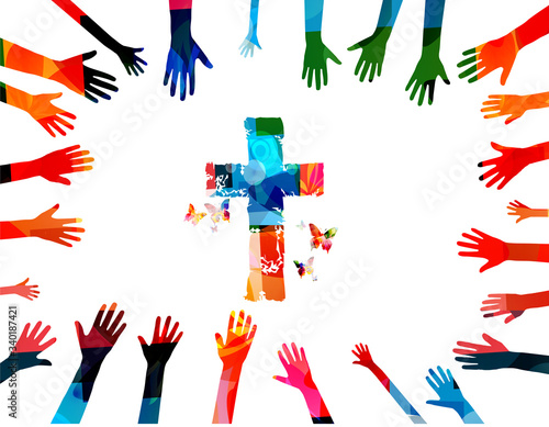 Colorful christian cross with human hands isolated vector illustration. Religion themed background. Design for Christianity, church charity, help and support, prayer and care