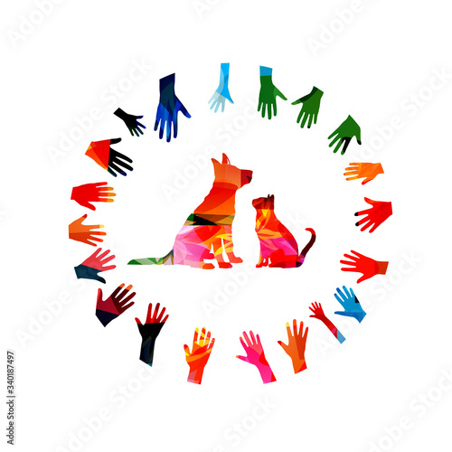Colorful dog and cat with hands isolated vector illustration. Design for vet clinic, animal shelter, animal rescue, pet shop